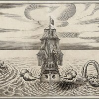 This is an engraving depicting the back end of a ship in the middle of the ocean. On the left side of the ship are two serpent-like monsters, and on the right side, there is another serpent, shooting water at the ship. The mast of the ship is shown to be holding a sword, ready to fight back against the aquatic adversaries.