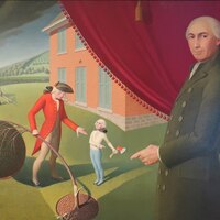 This painting depicts a folk tale of a young George Washington cutting down a cherry tree with a hand axe.  Parson Weems stands in the foreground lifting a curtain to the scene within the painting.  George Washington's father is depicted condemning the child.  African Americans are depicted in the background picking cherries.  The artist chose to place them here to remind the viewer that while a prominent figure in American history, George Washington was a slave holder his entire life.