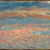 Oil painting by Pierre-Auguste Renoir that shows a cloudy sunset over a calm ocean with a tiny boat centered in the middle of the canvas. The short, quick brushstrokes create movement that mimics the flow of the water.