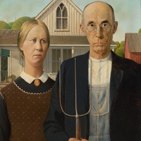 American Gothic is an oil painting created by Grant Wood in 1930.  It's approximately 2.5'x2' and is in the collection of the Art Institute of Chicago.