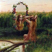 This painting depicts a nude woman brushing her hair while she is sitting on a branch that rests over a body of water. This woman is looking at her reflection which is surrounded by a ring of flowers. This depiction represents the Slavic entity, Rusalka.