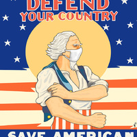 Digital painting of Uncle Sam wearing a mask, with the captions "Defend Your Country / Save American Lives / Wear a Mask"