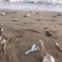 A beige sandy beach full of seashells, broken and perfectly intact alike. Amongst the shells is a silver key tied to a seashell by a worn down rope. In the distance, the sea waves meet the sand. 