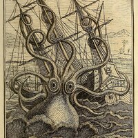 The image has black ink on a beige background depicting a large octopus-like creature in front of a ship. The tentacles of the octopus are wrapped around each of the masts of the ship. The top left corner of the page reads Pl XXVI. The top right corner reads T.2. P.256. The bottom reads Denys-Montfort del., E. Voyard S, and Le Poulpe Colossal. 