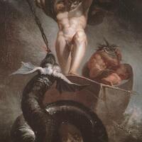 Thor stands at the end of a ship holding a chain around his arm that he used to batter the Midgard Serpent, a black sea serpent rising out of the water