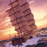 This image depicts a large ship on the ocean. This ship has a brown, wooden built, with large white sails. The ship is sailing into the sunset of the horizon. The sky is beautifully orange and yellow, which contrasts well with the dark blue ocean.