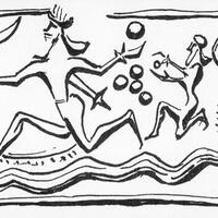 Left, horned serpent having long undulating coils extending across bottom of scene, head facing center, tongue extending from mouth; center, bearded running god, hair hanging at back of neck, wearing headdress, thrusting a sword into the mouth of the serpent