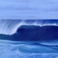 In this almost entirely blue painting there is an ocean with a really big wave starting to fold over, with white foam at the top of the wave.  