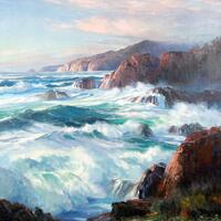 Oil painting on canvas by Bennett Bradbury created to portray and evoke the strength of our oceans and the innate beauty which they possess. Rugged, grassy cliffs are met by a rough ocean. The water crashes against the boulders and sprays mist into the air. The sky is blue with a network of purple clouds graced by pinkish hues of a nearby sunset.  