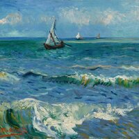 Van Gogh wrote that the painting " ‘has a colour like mackerel, in other words, changing – you don’t always know if it’s green or purple – you don’t always know if it’s blue – because a second later, its changing reflection has taken on a pink or grey hue’. The bright red signature has been placed prominently in the foreground: it was intended as a ‘red note in the green’." 