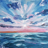 Acrylic painting by Lada Kholosho that depicts a pink sunset over a calm ocean. Teal and aqua strokes compose the bottom third of this painting.