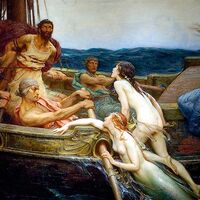 A painting created using oil on canvas depicting a man, Ulysses, tied to the mast of his ship. He is being tormented by sirens, which are depicted as naked women that are losing their fishlike features as they  are leaving the water