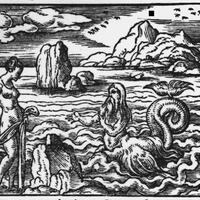 The image shows a black and white drawing of a male human-like creature with a fish-like tail in the ocean, with an unclothed woman standing on the land. She is holding a long piece of cloth. The male figure has long hair and a beard and is gesturing his hands toward the woman. Behind them, large mountains and land structures can be seen. 