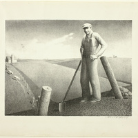 This lithograph depicts a farmer standing proudly in the foreground with a residential farm depicted in the background.