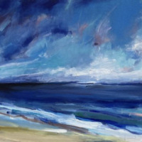 This acrylic painting by Nazar Tuvok shows the varying blue hues of the sky blending into the blues of the ocean with long sweeping brush strokes. Faint hints of a near sun's pinkish and purple-ish beams can be seen reflecting upon the clouds and ocean waves. In the left corner of the painting there appears to be a sandy beach. 