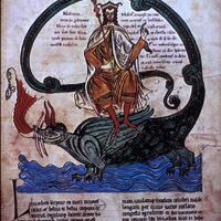 Romanesque bookart depicting the Anti Christ in a white robe enthroned on Leviathan, a fire-breathing water dragon