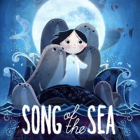 This image depicts Saoirse in the center, wearing a white night dress. She has short black hair and holds one arm out and the other at her chest. She is standing on a rock in the sea, surrounded by over five seals that stand with her on the rock. Around the rock are waves of the dark blue sea. The background is the night sky with a big, bright moon. On the bottom center of the image, the words "Song of the Sea" are written in white. 