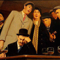 Group portrait of seven male figures.  They are all depicted either singing or playing an instrument around a table with glasses of beer.  Their expressions convey the title of the work, not happy but sentimental to sorrowful.